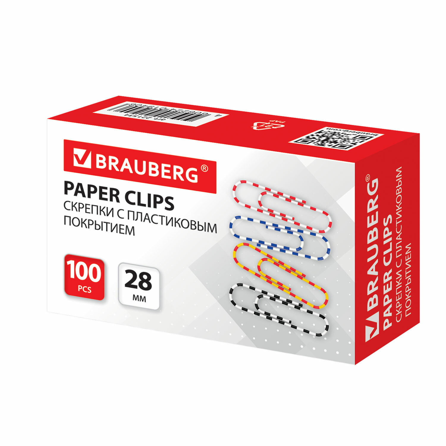 221534 Brauberg, Скрепки 28 мм с цветными полосками (100 в упаковке)