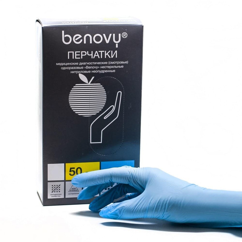 630678 Benovy, Nitrile Chlorinated, Перчатки нитриловые смотровые 50 пар (100 штук) рамер S голубые