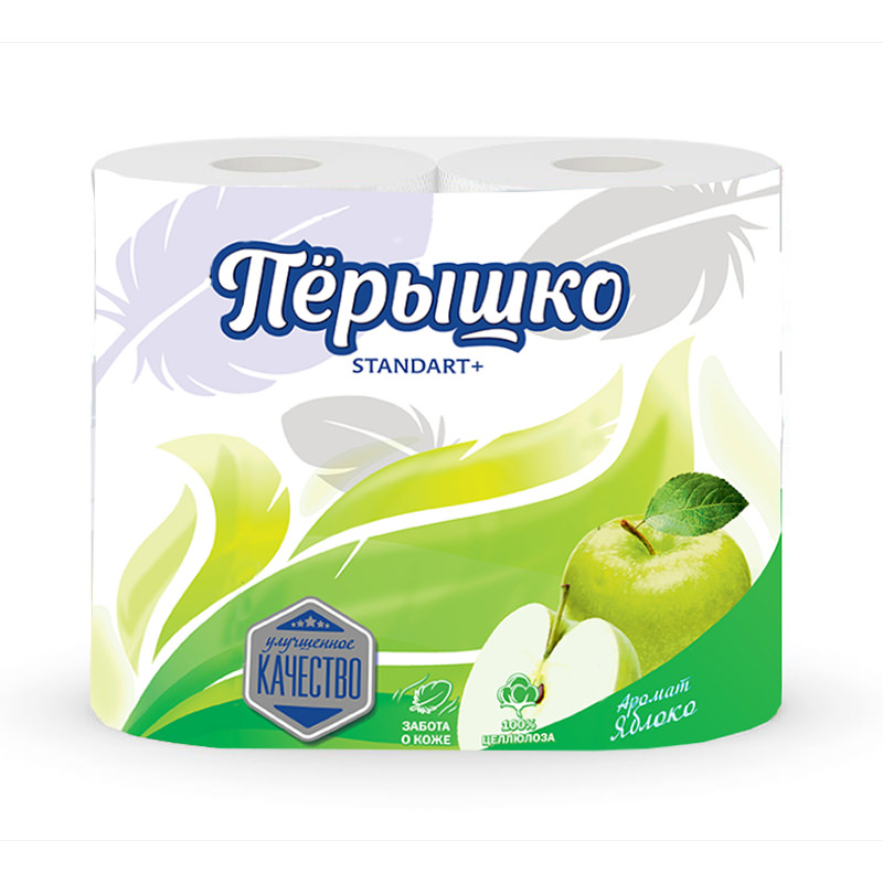 5703 Перышко, Standart "Яблоко", Туалетная бумага бытовая 2-слойная, цвет белый (4 рулона в спайке)