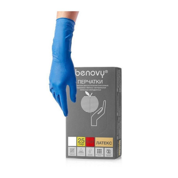 Benovy, High risk, Перчатки латексные прочные размер М (25 пар в упаковке)