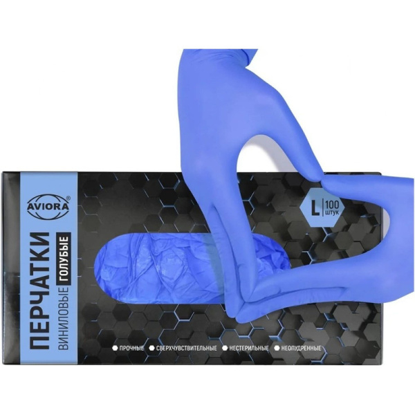 402-917 Aviora, Перчатки винил, неопудренные, одноразовые 100 штук в коробке (50 пар) размер L, увет голубой
