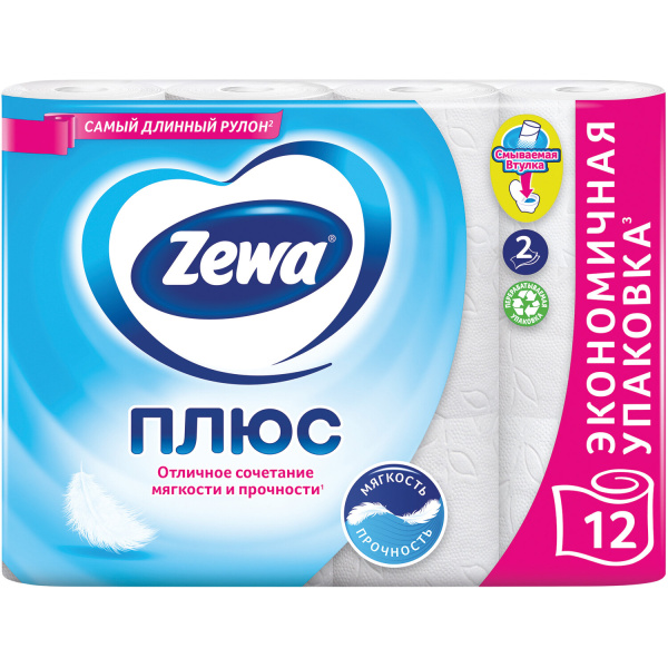 144090 Zewa, Zewa plus, Бумага туалетная бытовая цвет белый, 23 м, 2 слоя (12 в упаковке)