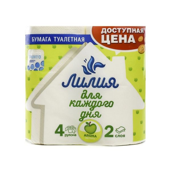 5635 Лилия, Яблоко, Туалетная бумага 2 слоя, 4 рулона, белый цвет