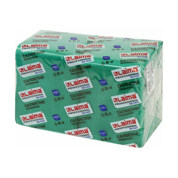 111796 Laima, "Big Pack", Салфетки бумажные 400 штук, 24х24 см, зеленые (интенсив), 100% целлюлоза