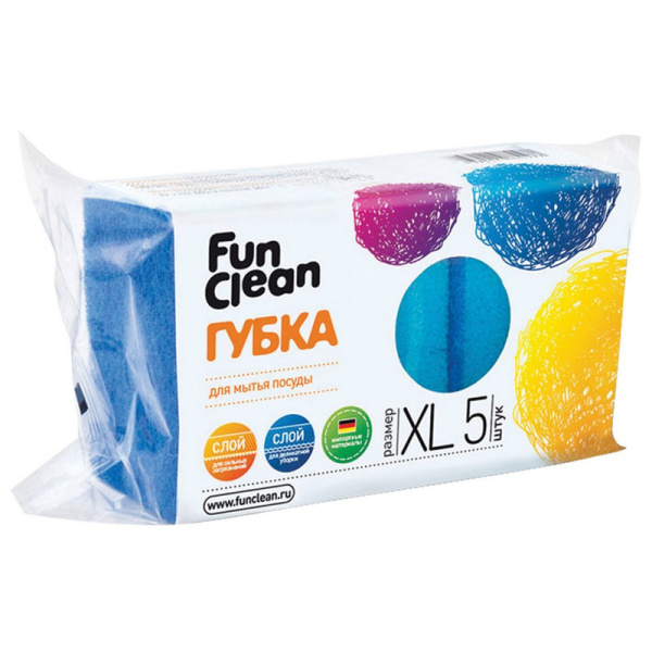 601226 Губки для мытья посуды FUN CLEAN XL 2,5х10х7 см  (компл 5шт)  
