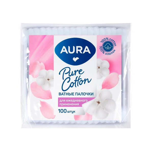 127485 Ватные палочки КОМПЛЕКТ 100 шт., AURA, полиэт. пакет, 20773, 1646, 6470/12
