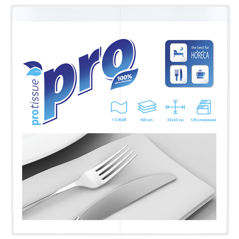 С232 Салфетки бумажные PROtissue белые 1 слой, 33х33, белые, 100 л 