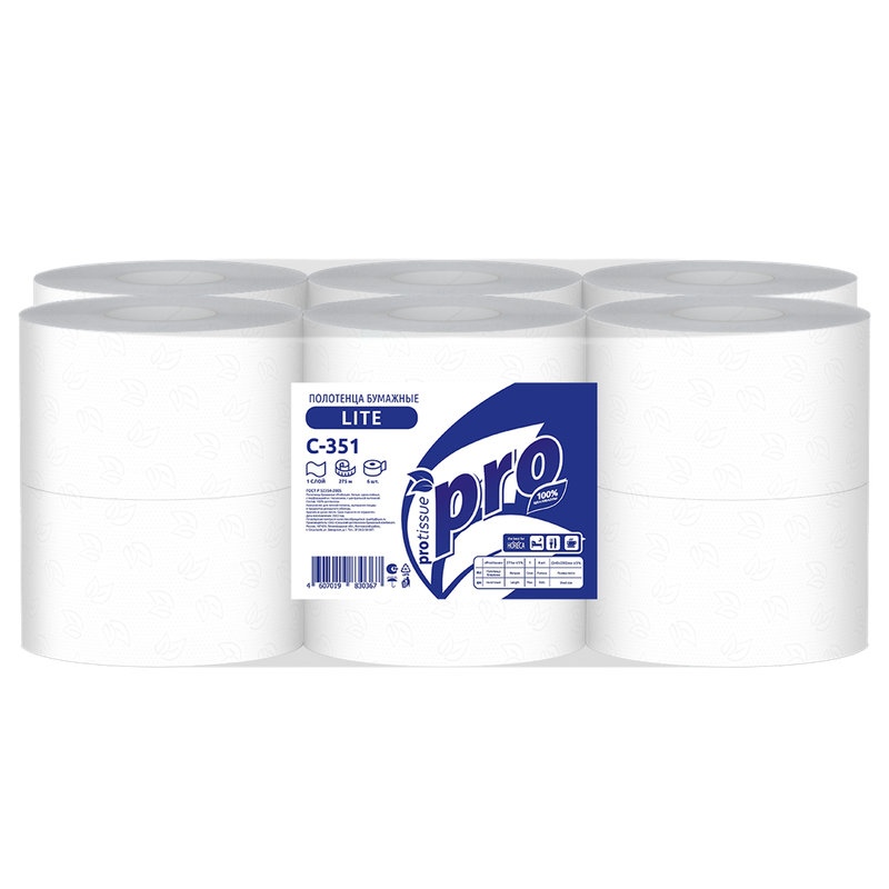 С351 Бумажные полотенца с центральной втулкой PROtissue, 1сл., 275м, с перфорацией / 6  