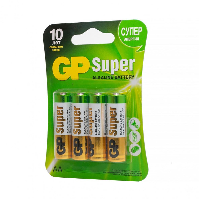 454090 GP, Super, Батарейки AA (LR06), алкалиновые, пальчиковые, 15A (4 в упаковке)
