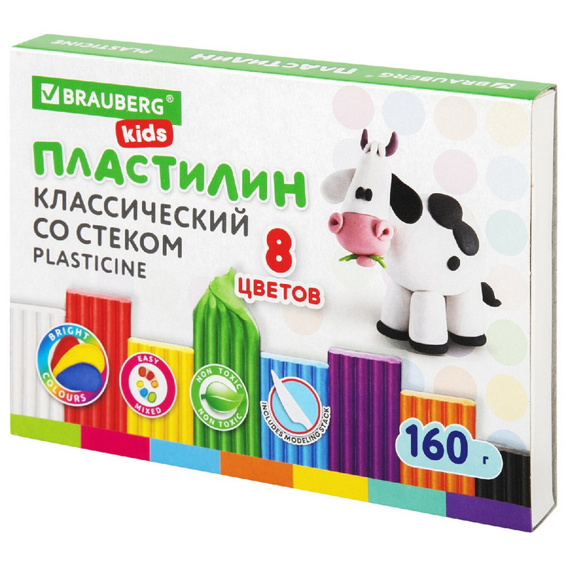 106501 Brauberg Kids, Пластилин классический, 8 цветов, 160 г, со стеком