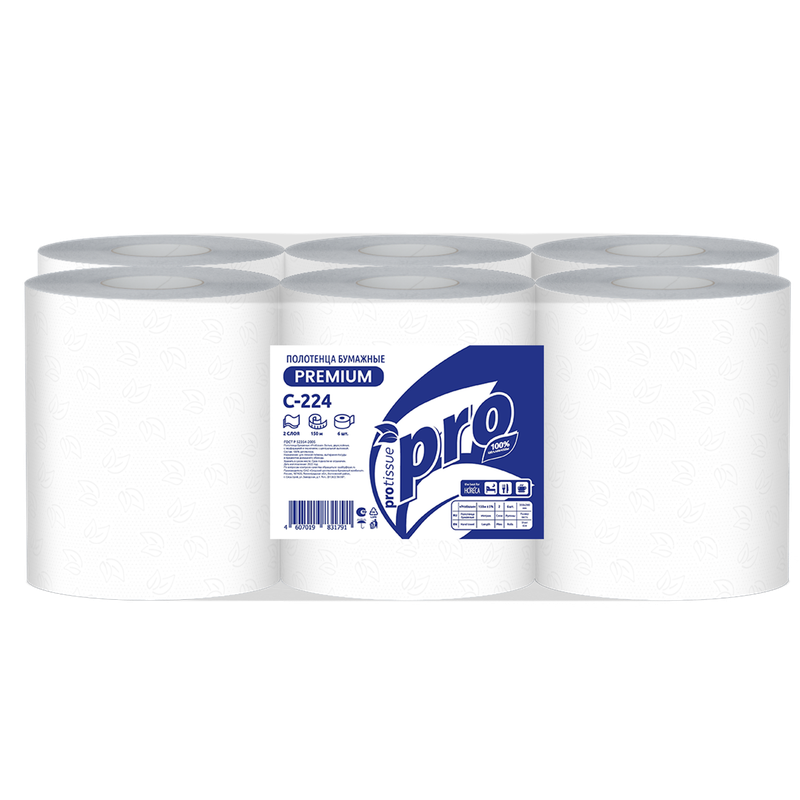 С224 Бумажные полотенца   PROtissue, центральной вытяжкой 2 сл, 20х34, 150м, M2 /6  