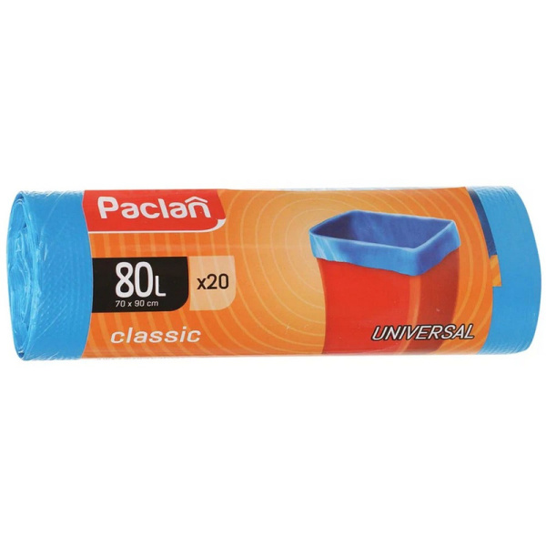 606335 Paclan, "Classic", Мешки для мусора 80 л, синие, в рулоне 20 штук, ПНД, толщина 12 мкм, 70х90 см