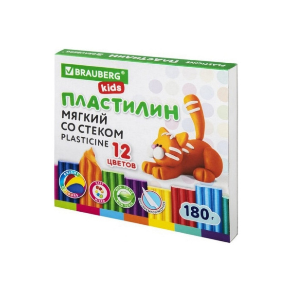 106495 Brauberg Kids, Пластилин мягкий восковой, 12 цветов, 180 г, со стеком