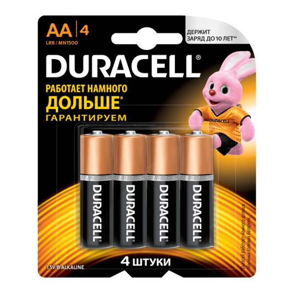 450402 Duracell, Basic, Батарейки 4 штук в упаковке, AA (LR06,15А), алкалин, пальчик, блистер, MN 1500 АА LR6