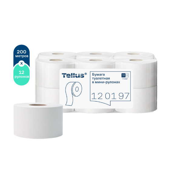 120197 Туалетная бумага рулонная Tellus 200м, 1 слой, без перфорации, Т2(TP2) / 12 