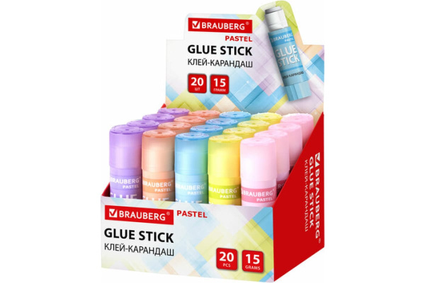 271249 Brauberg, Pastel, Клей-карандаш в пастельном корпусе, 15 г, PVP-основа, ассорти, 20 штук