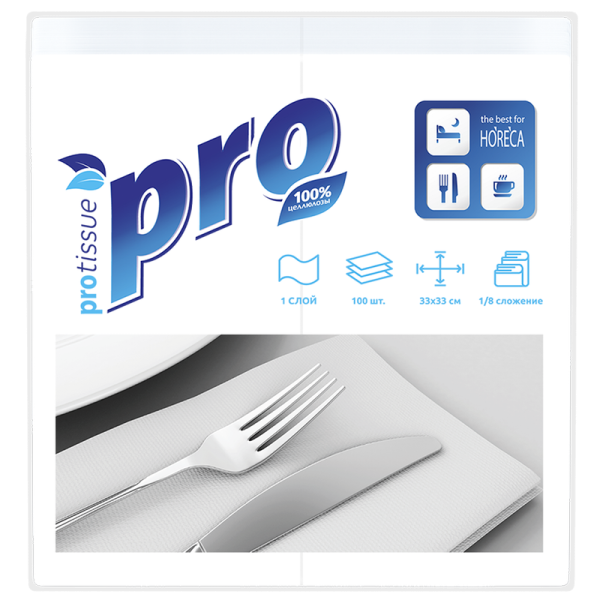 С232 Салфетки бумажные PROtissue белые 1 слой, 33х33, белые, 100 л 