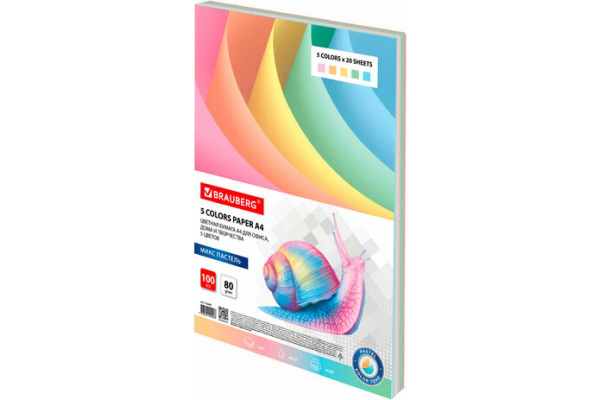 112460 Brauberg, Бумага цветная, А4, пастель, для офисной техники, 80 г/м2, 100 л, (5 цветов х 20 листов)