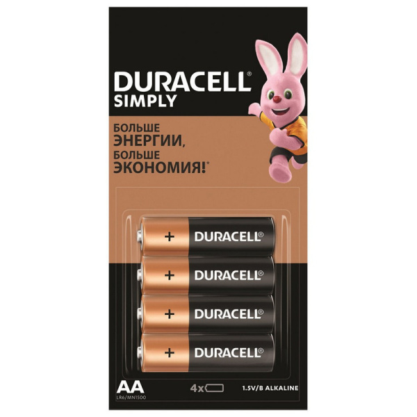5009139 Duracell, Simply, Батарейки комплект 4 штук, (отрывной блок), AA (LR06, 15А), алкалиновые, пальчиковые