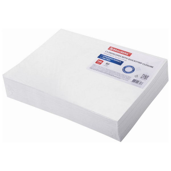 Brauberg, Конверты С5 (162х229 мм), отрывная лента, внутренняя запечатка, 80 г/м2, комплект 100 штук,