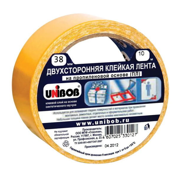 600017 Unibob, Клейкая двухсторонняя лента 38 мм х 10 м, полипропиленовая основа