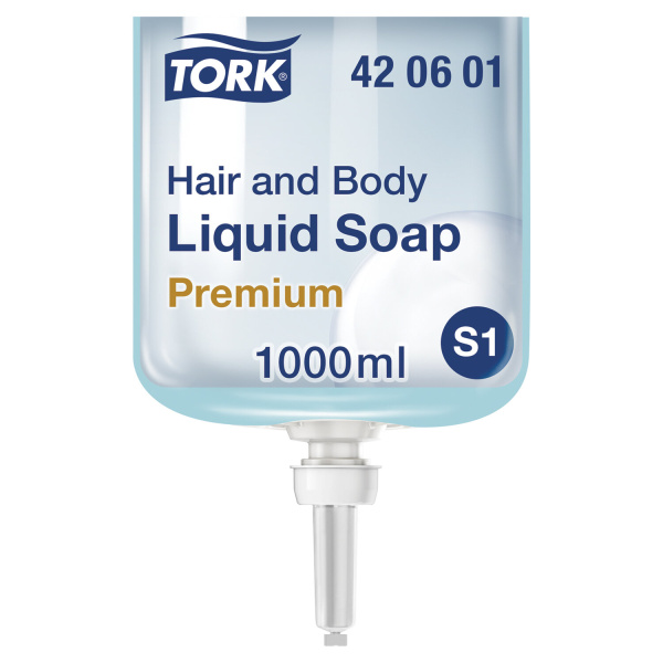 420601 Жидкое мыло-гель для диспенсеров для тела и волос Tork 1 л. цв.синий система S1 (6 в уп.)