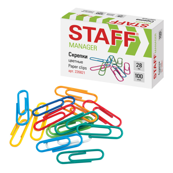 226821 Staff, Staff"manager", Скрепки 28 мм цветные (ассорти) (100 в упаковке)