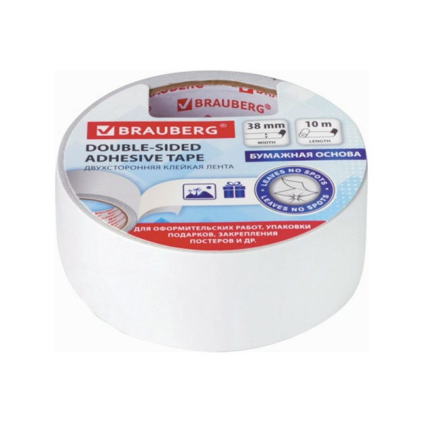 229056 Brauberg, Клейкая двухсторонняя лента 38 мм х 10 м, бумажная основа