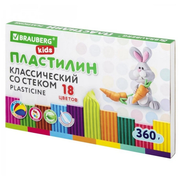 106510 Brauberg Kids, Пластилин классический, 18 цветов, 360 г, со стеком