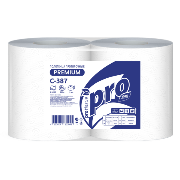 С387 Протирочный материал  2 сл., 1000 листов, 350 м, белый (2 рул в кор)