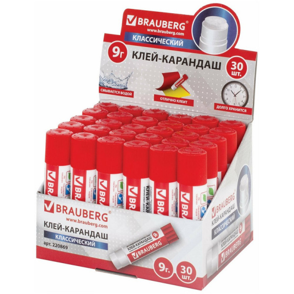 270484 Brauberg, Клей-карандаш 9 г, комплект 30 штукук