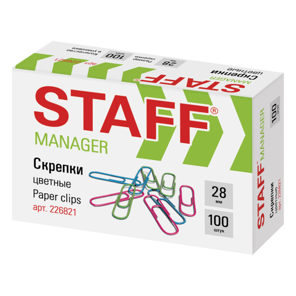 226821 Staff, Staff"manager", Скрепки 28 мм цветные (ассорти) (100 в упаковке)