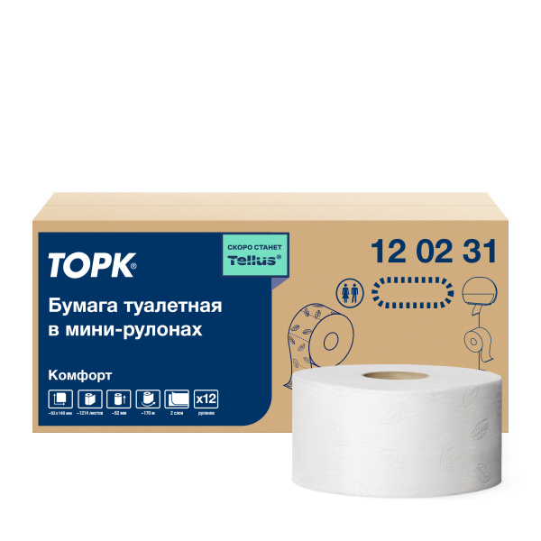 120231 Туалетная бумага рулонная Tellus, 170м, 2 слоя, (1214л в рулоне),  ТР2 (Т2) / 12 