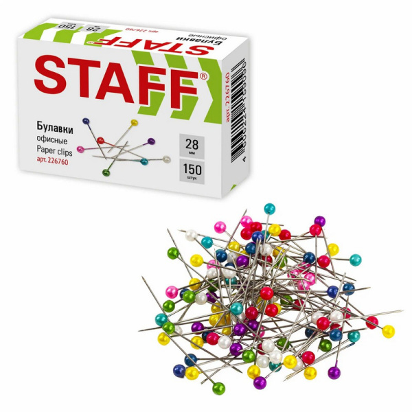 226760 Staff, "Everyday", Булавки офисные, 28 мм, 150 штук, в картонной коробке