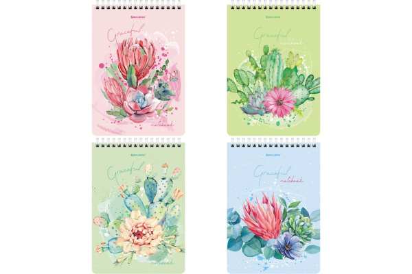 114368 Brauberg, "Суккуленты", Блокнот А5 (146х206 мм), 60 л, гребень, картон, жесткая подложка, клетка