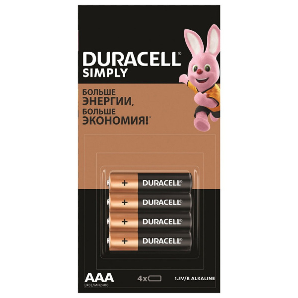 5009140 Duracell, Simply, Батарейки 4 штук, (отрывной блок), ААА (LR03, 24А), алкалиновые, мизинчиковые