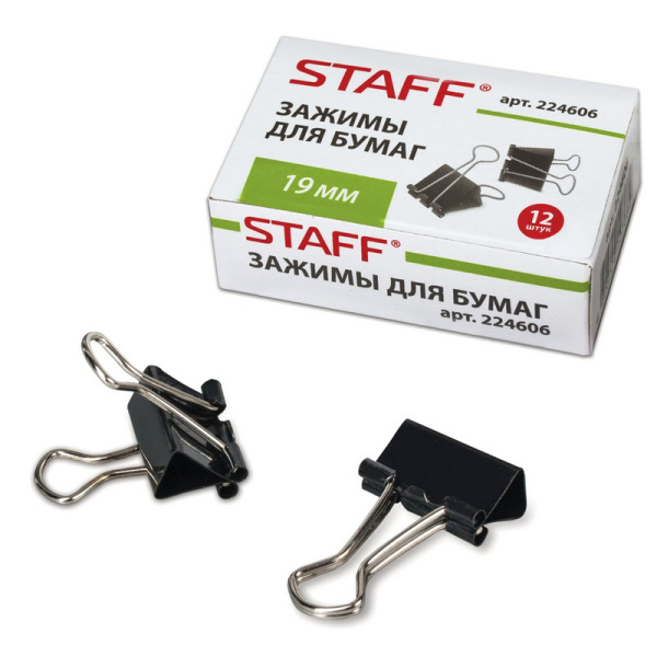 224606 Staff, "Everyday", Зажимы для бумаг, комплект 12 штук, 19 мм, на 60 листов, черный, картонная коробка