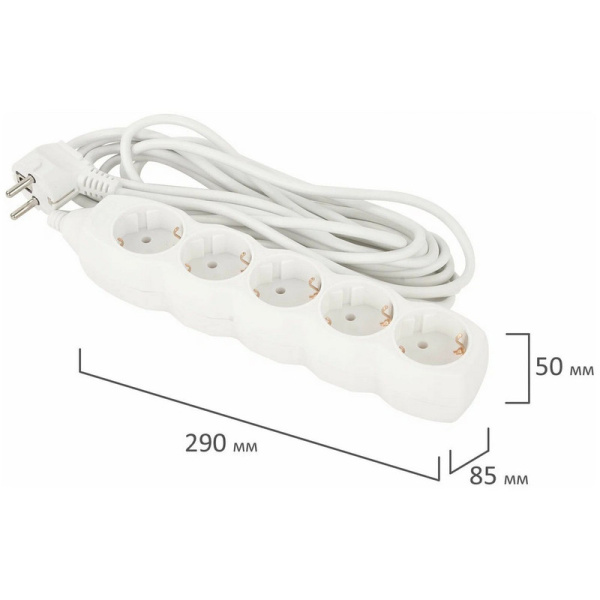 511437 Sonnen, U-155G, Удлинитель сетевой, 5 розеток, c заземлением, 10А, длина 5 м, белый