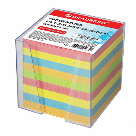 122225 BRAUBERG. Блок для записей, цветные (ассорти), куб 9х9х9 см в подставке прозрачной