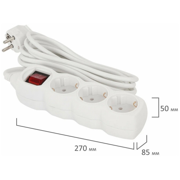 511435 Sonnen, U-135GS, Удлинитель сетевой, 3 розетки, c заземлением, выключатель, 10А, 5 м, белый
