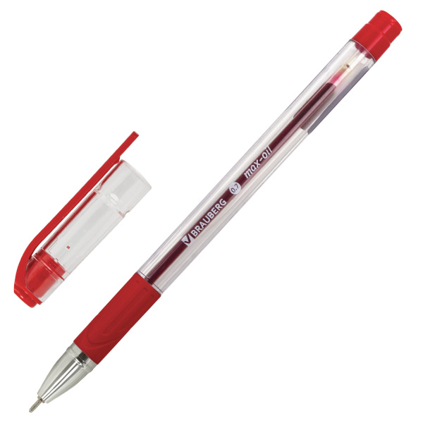 142143 Brauberg, "Max-Oil", Ручка шариковая цвет красный маслянная с грипом игольчатым (узел 0,7 мм), линия 0,35м